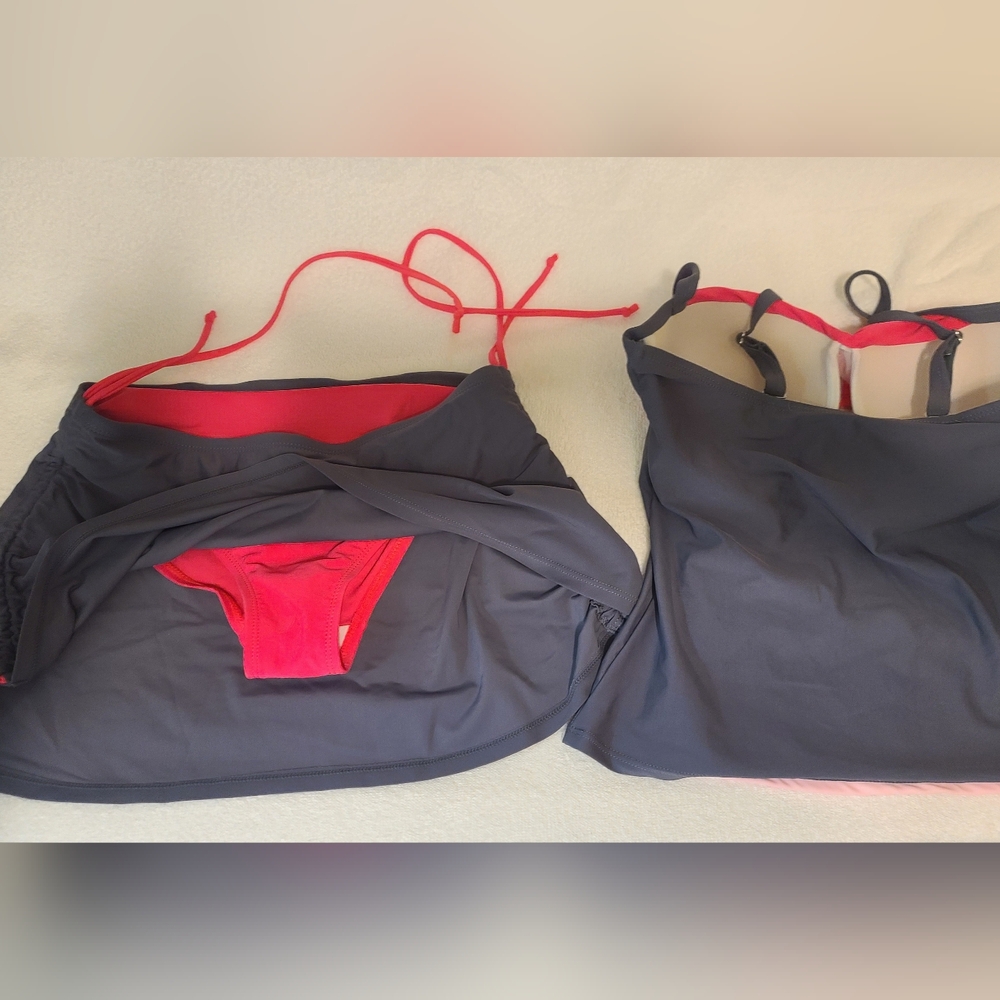 Color Block Tankini Set w/Swim Skirt Pink&Gray Size S - Picture 7 of 16